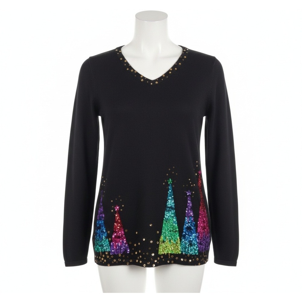 Quacker‎ Factory Christmas Sweater XS Sequin Tree Black Holiday Party Sparkle